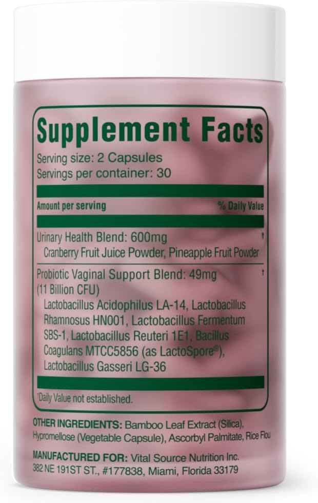 Vital Source ViXi Feminine Balance Capsules – pH & Vaginal Support with LactoSpore, Cranberry & Pineapple, Urinary & Flora Health, 30 Servings