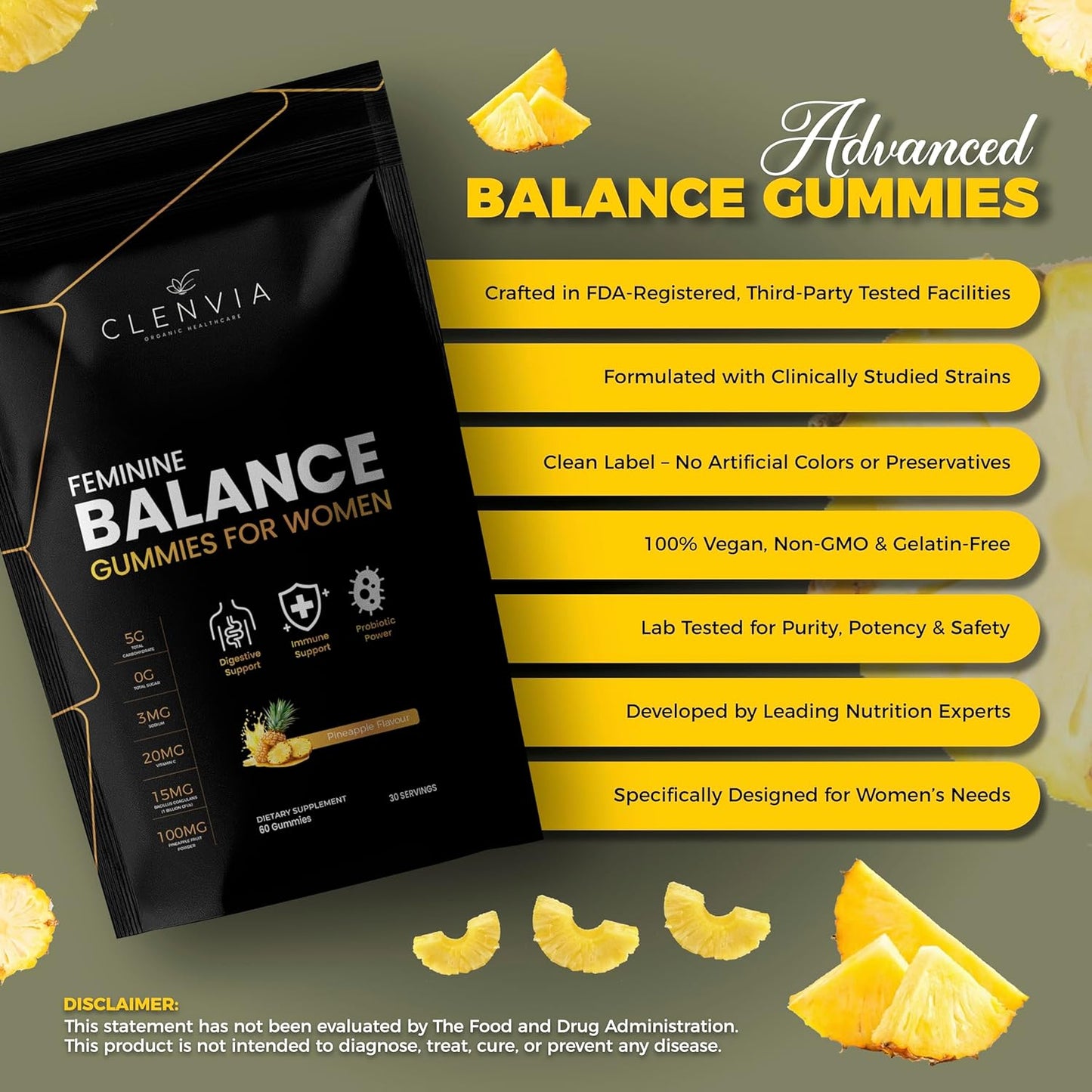 Premium Feminine Balance Gummies – Pineapple Flavor, pH & Immune Support, Probiotics + Vitamin C, Vegan & Gluten-Free, 60 Count