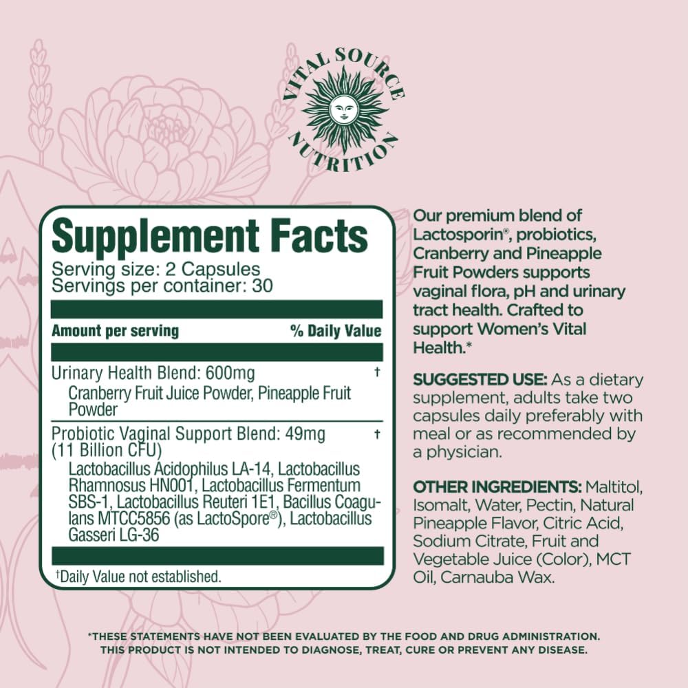 Vital Source ViXi Feminine Balance Capsules – pH & Vaginal Support with LactoSpore, Cranberry & Pineapple, Urinary & Flora Health, 30 Servings