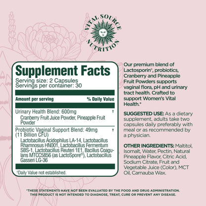 Vital Source ViXi Feminine Balance Capsules – pH & Vaginal Support with LactoSpore, Cranberry & Pineapple, Urinary & Flora Health, 30 Servings