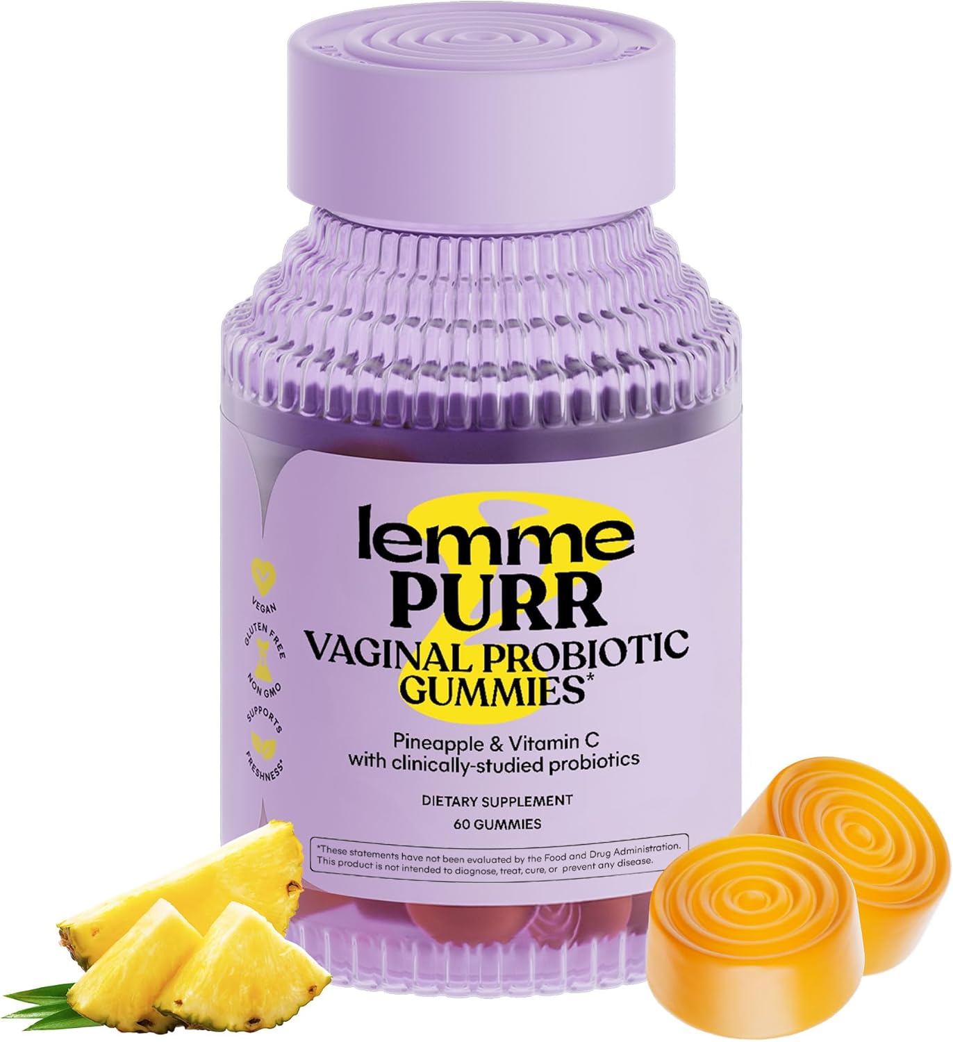 Lemme Purr Vaginal Probiotic Gummies – Pineapple, pH & Yeast Balance, 60 Count