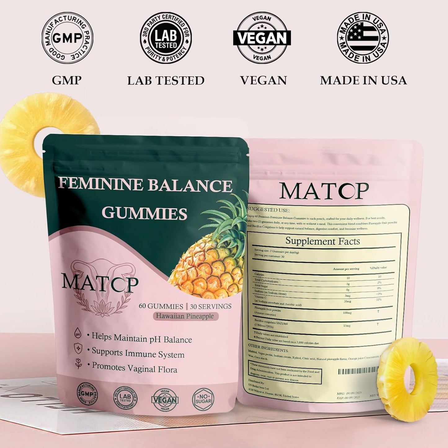 MATOP Feminine Balance Gummies – Pineapple Flavor, pH Support & Vaginal Probiotic, 60 Count