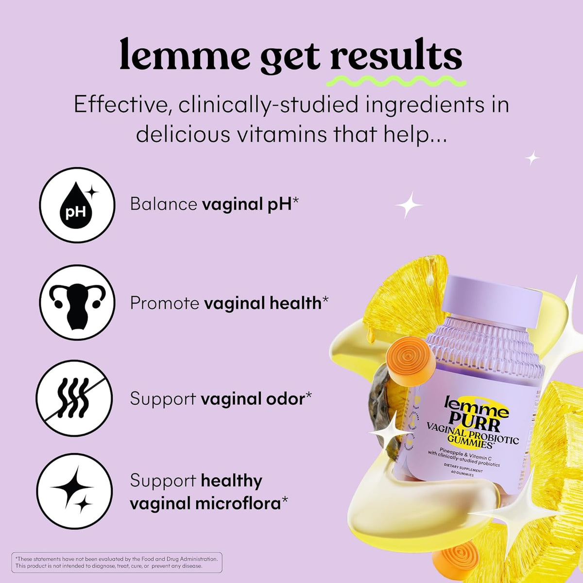Lemme Purr Vaginal Probiotic Gummies – Pineapple, pH & Yeast Balance, 60 Count