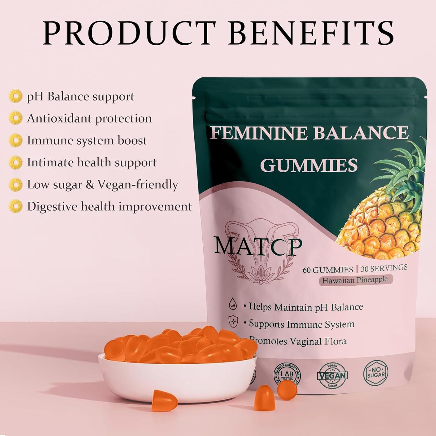 MATOP Feminine Balance Gummies – Pineapple Flavor, pH Support & Vaginal Probiotic, 60 Count