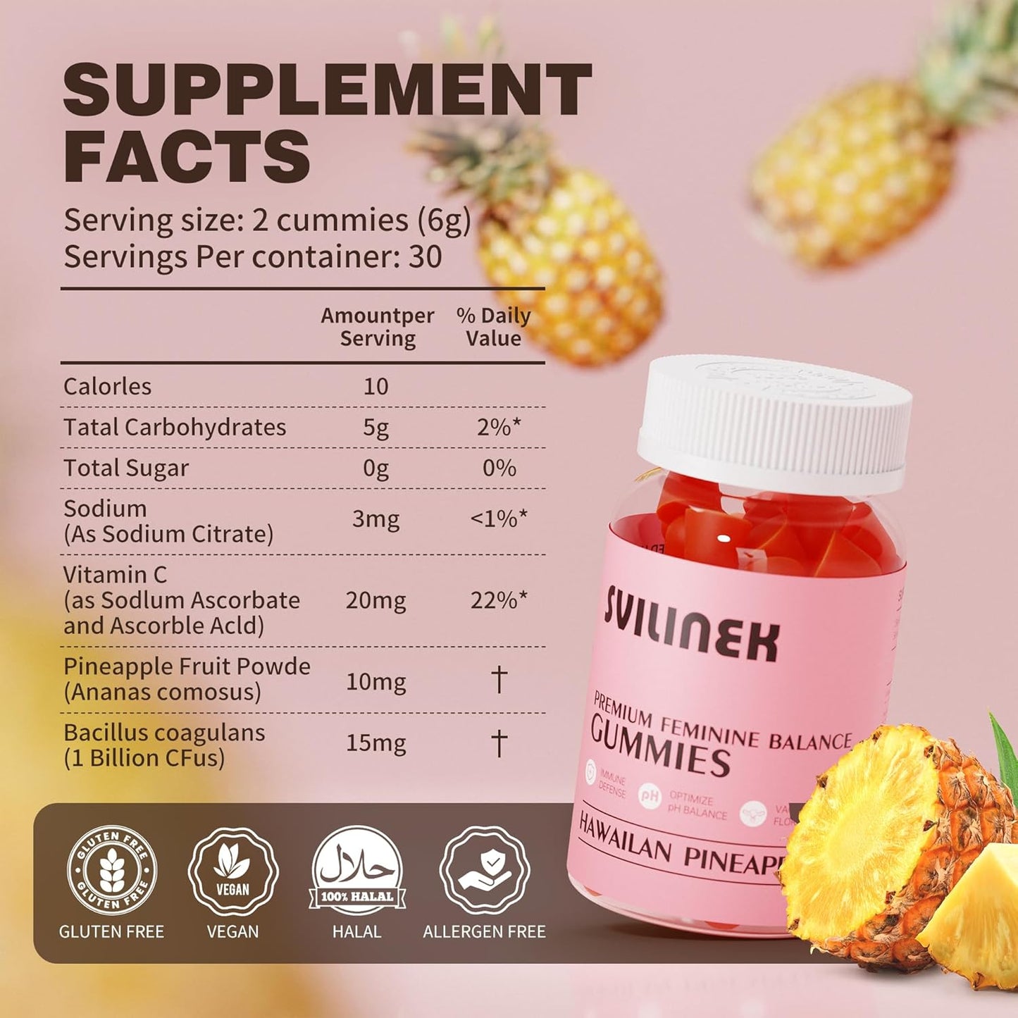Feminine Balance Gummies – Pineapple Flavor, pH & Immune Support, Vegan & Gluten-Free, 60 Gummies (30 Servings), BPA-Free Bottle