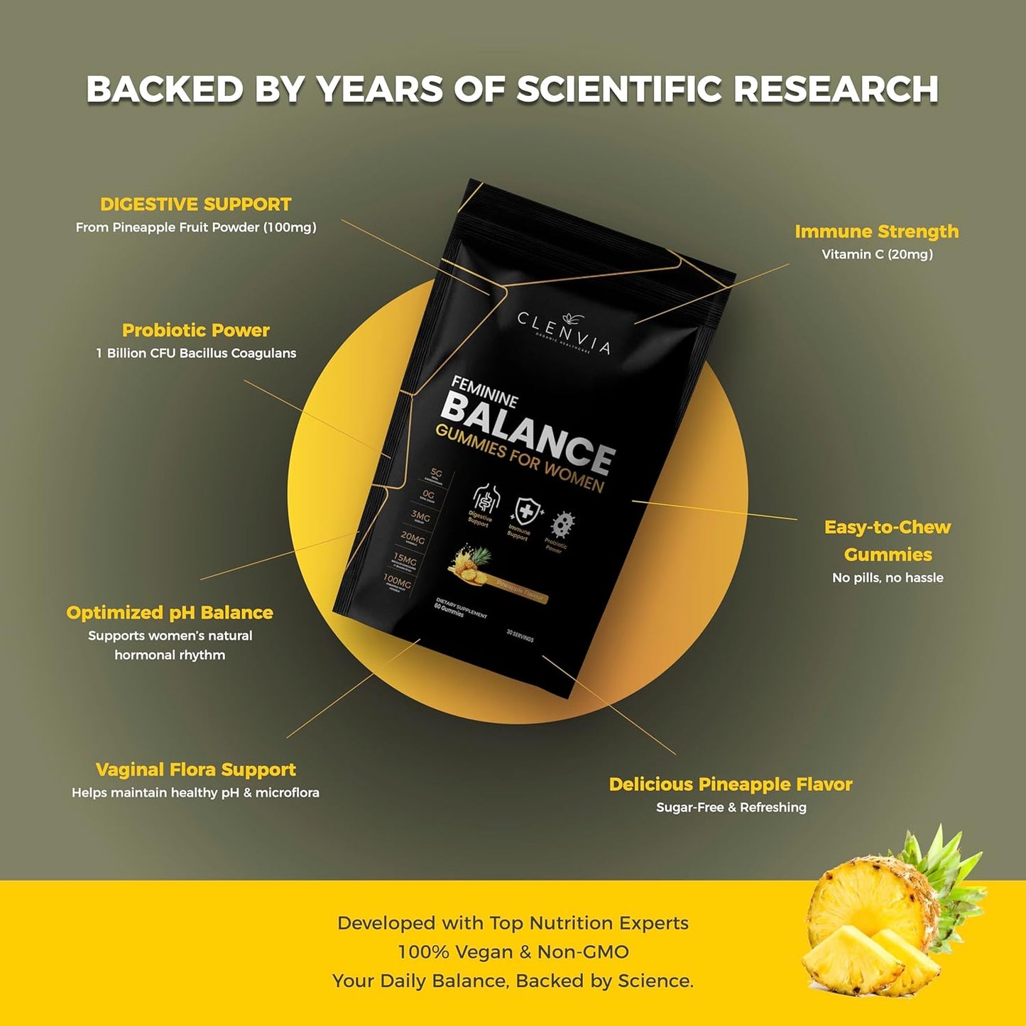 Premium Feminine Balance Gummies – Pineapple Flavor, pH & Immune Support, Probiotics + Vitamin C, Vegan & Gluten-Free, 60 Count