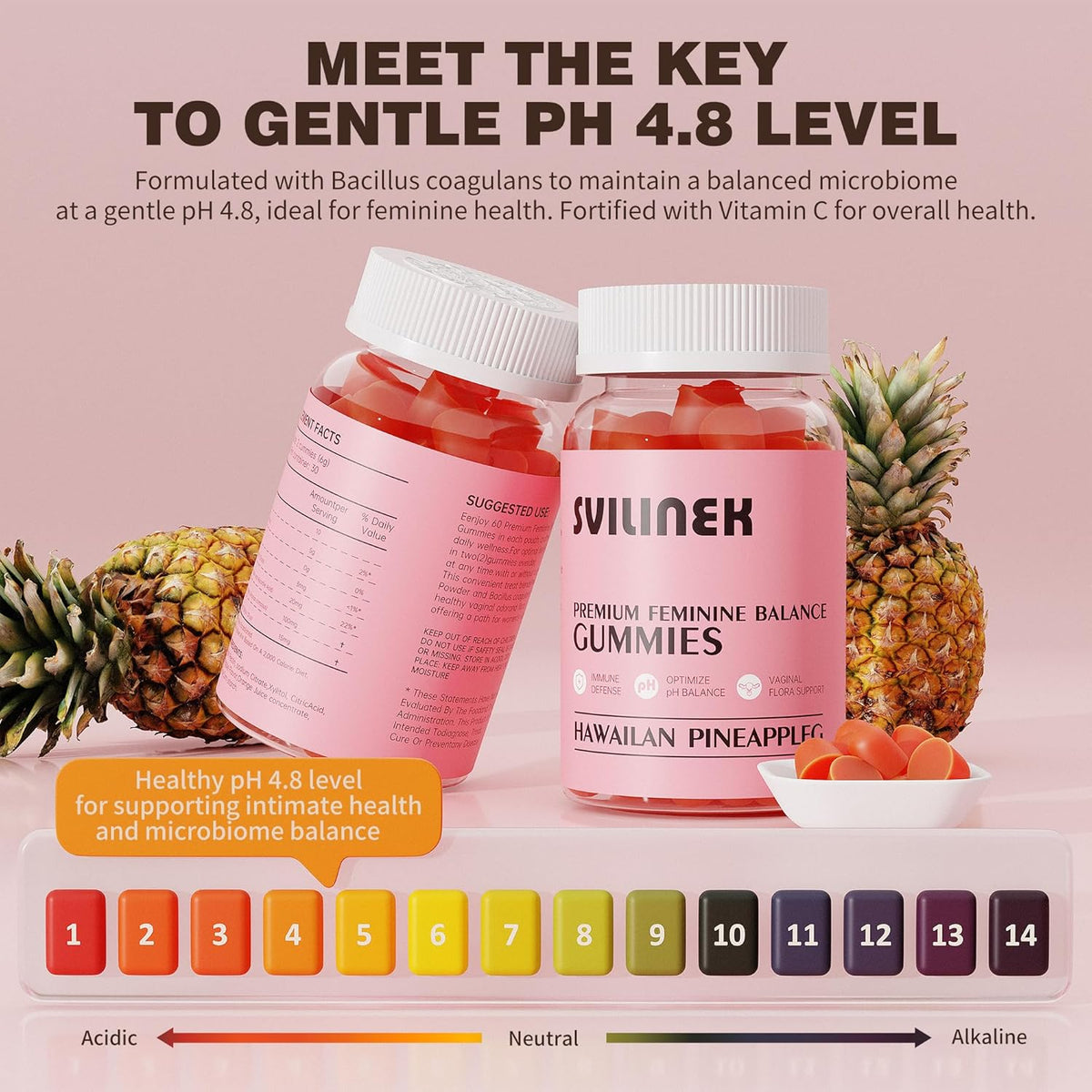 Feminine Balance Gummies – Pineapple Flavor, pH & Immune Support, Vegan & Gluten-Free, 60 Gummies (30 Servings), BPA-Free Bottle