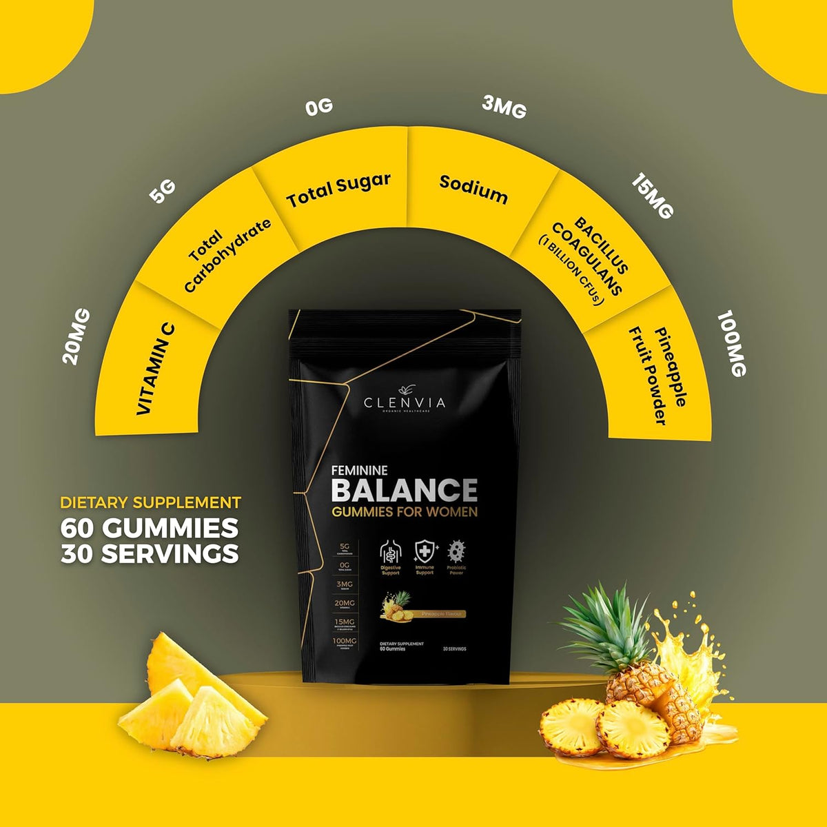 Premium Feminine Balance Gummies – Pineapple Flavor, pH & Immune Support, Probiotics + Vitamin C, Vegan & Gluten-Free, 60 Count