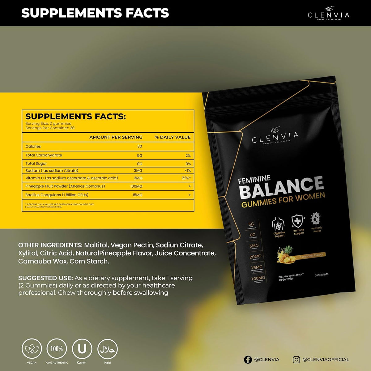 Premium Feminine Balance Gummies – Pineapple Flavor, pH & Immune Support, Probiotics + Vitamin C, Vegan & Gluten-Free, 60 Count