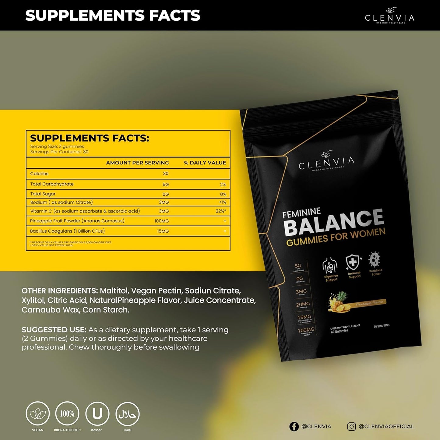 Premium Feminine Balance Gummies – Pineapple Flavor, pH & Immune Support, Probiotics + Vitamin C, Vegan & Gluten-Free, 60 Count