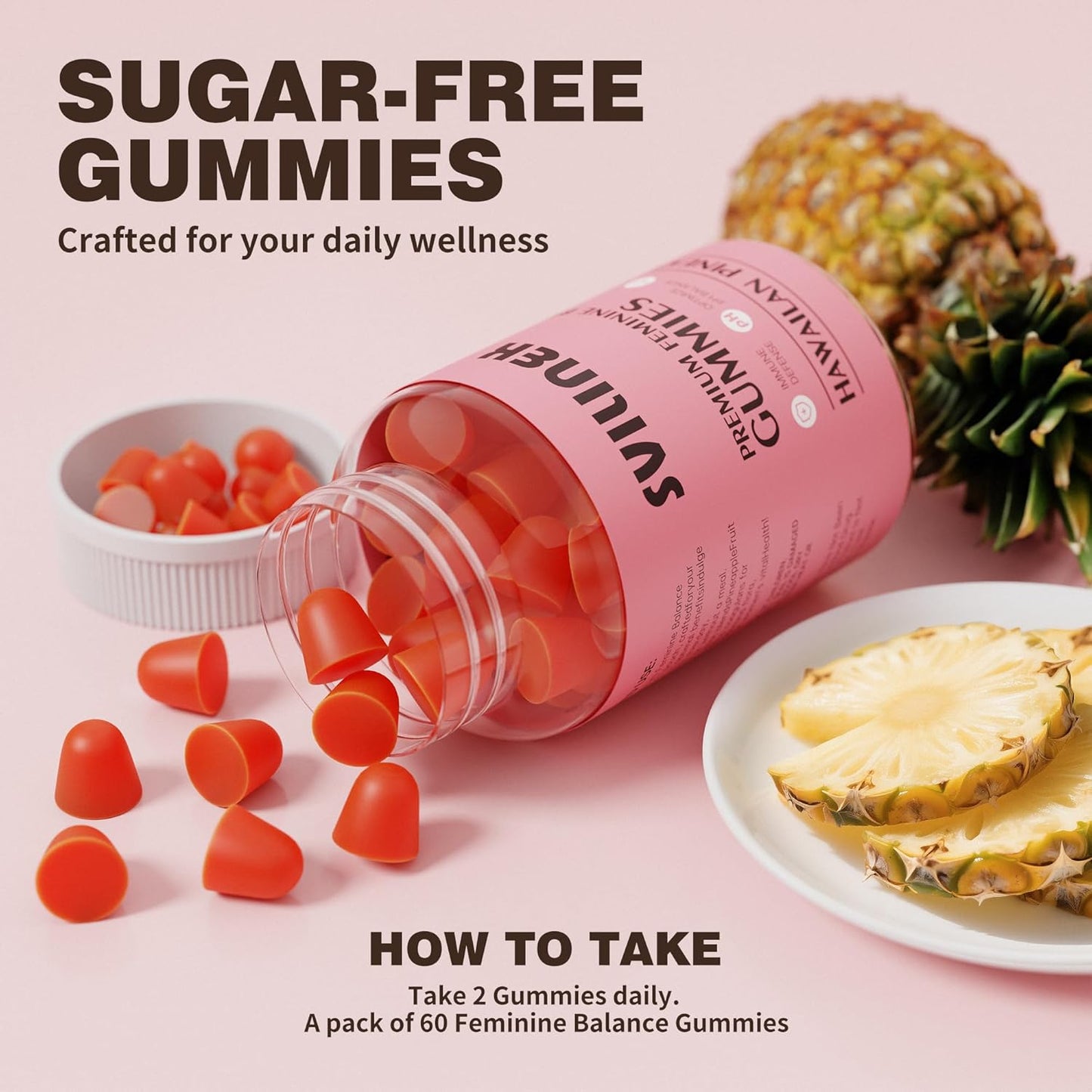 Feminine Balance Gummies – Pineapple Flavor, pH & Immune Support, Vegan & Gluten-Free, 60 Gummies (30 Servings), BPA-Free Bottle