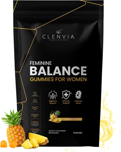 Premium Feminine Balance Gummies – Pineapple Flavor, pH & Immune Support, Probiotics + Vitamin C, Vegan & Gluten-Free, 60 Count