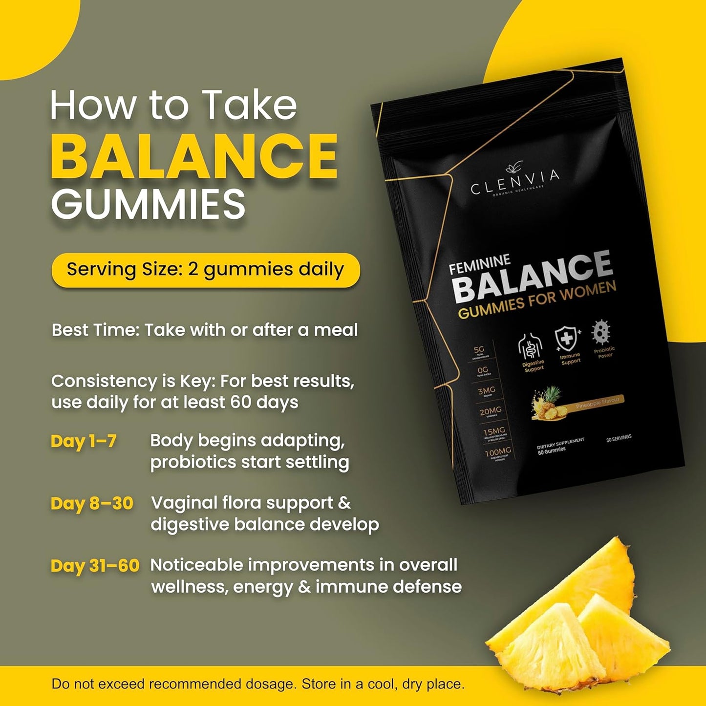 Premium Feminine Balance Gummies – Pineapple Flavor, pH & Immune Support, Probiotics + Vitamin C, Vegan & Gluten-Free, 60 Count